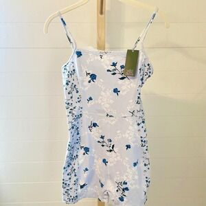 Wild Fable Women Floral Lace Trim Cami Romper Light Blue Roses Size M